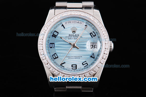 Rolex Day-Date Oyster Perpetual with Diamond Bezel,Light Ocean Blue Dial and Black Number Marking - Click Image to Close